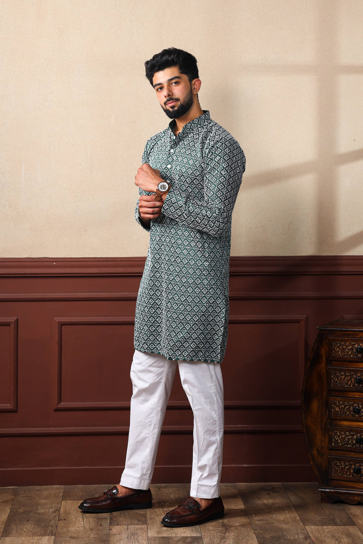 Khadi Silk Kurta With Art Silk Pajama | Designer Chikankari Work for Men