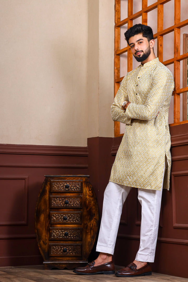 Khadi Silk Kurta With Art Silk Pajama | Designer Chikankari Work for Men