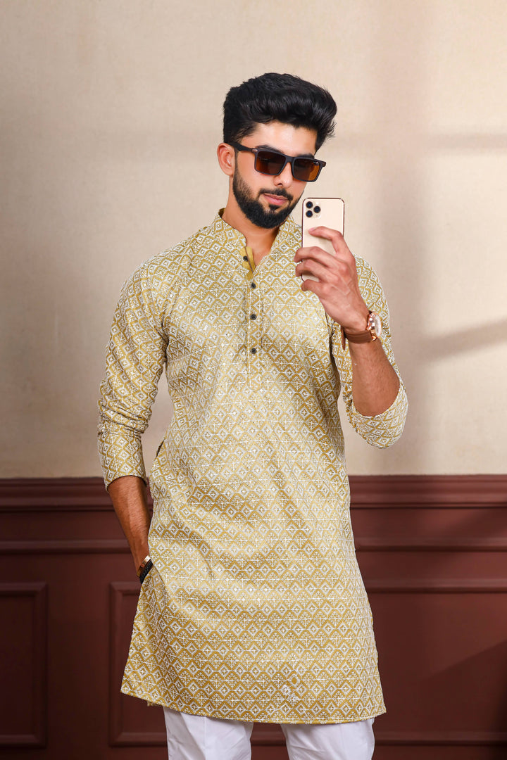 Khadi Silk Kurta With Art Silk Pajama | Designer Chikankari Work for Men