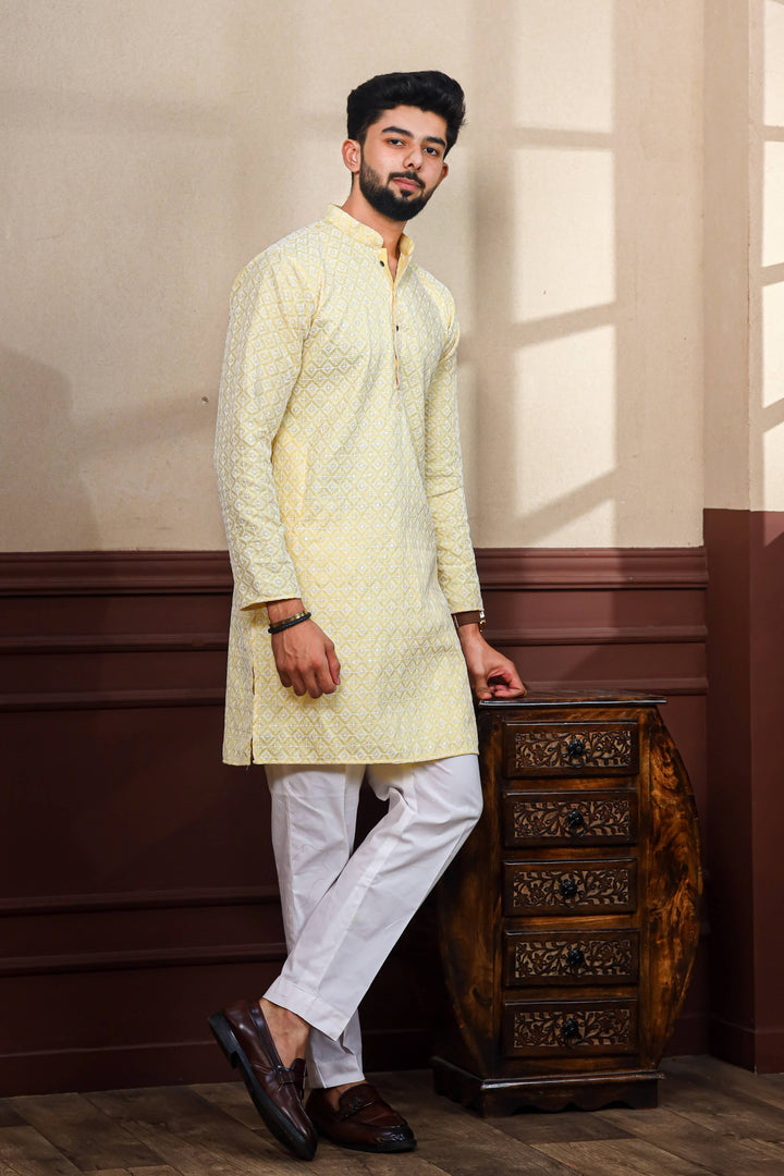 Khadi Silk Kurta With Art Silk Pajama | Designer Chikankari Work for Men