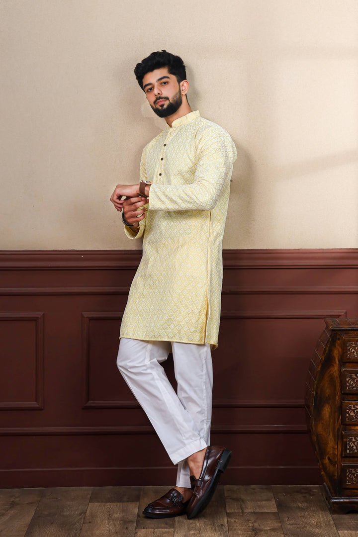 Khadi Silk Kurta With Art Silk Pajama | Designer Chikankari Work for Men