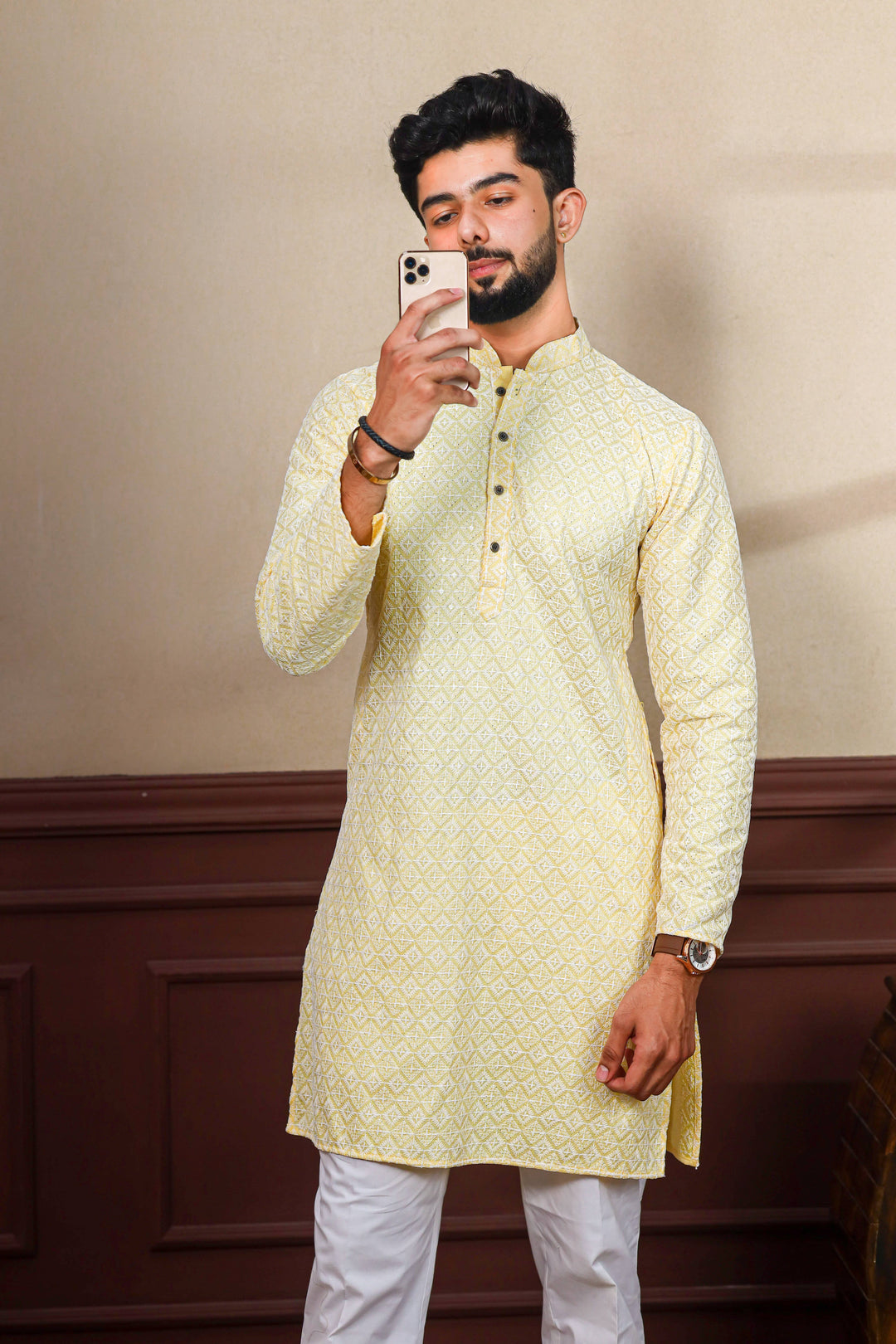 Khadi Silk Kurta With Art Silk Pajama | Designer Chikankari Work for Men