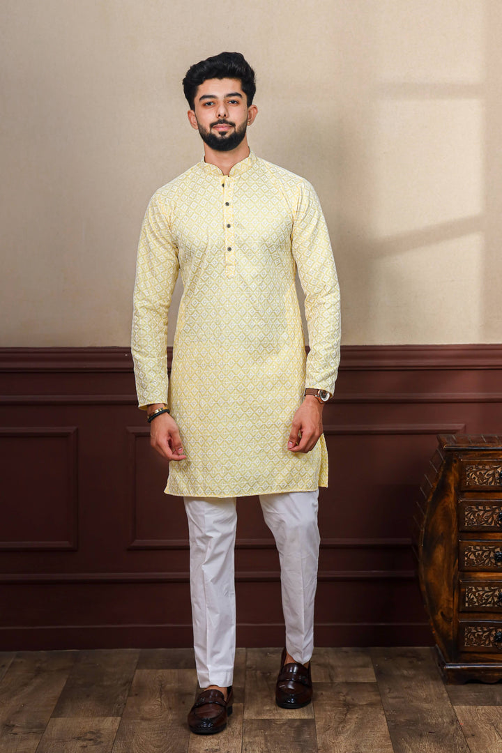 Khadi Silk Kurta With Art Silk Pajama | Designer Chikankari Work for Men