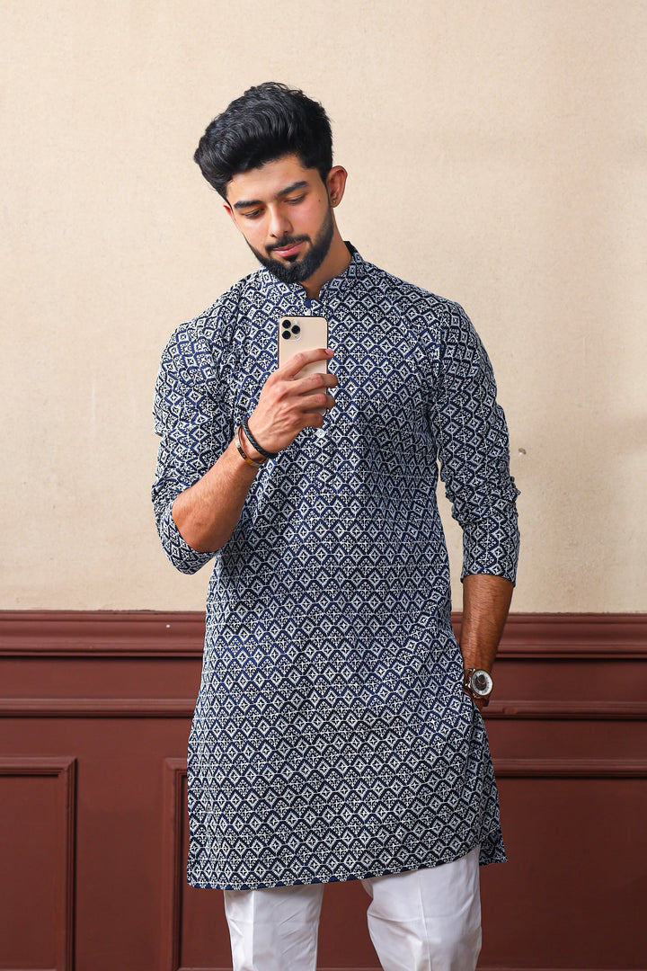 Khadi Silk Kurta With Art Silk Pajama | Designer Chikankari Work for Men