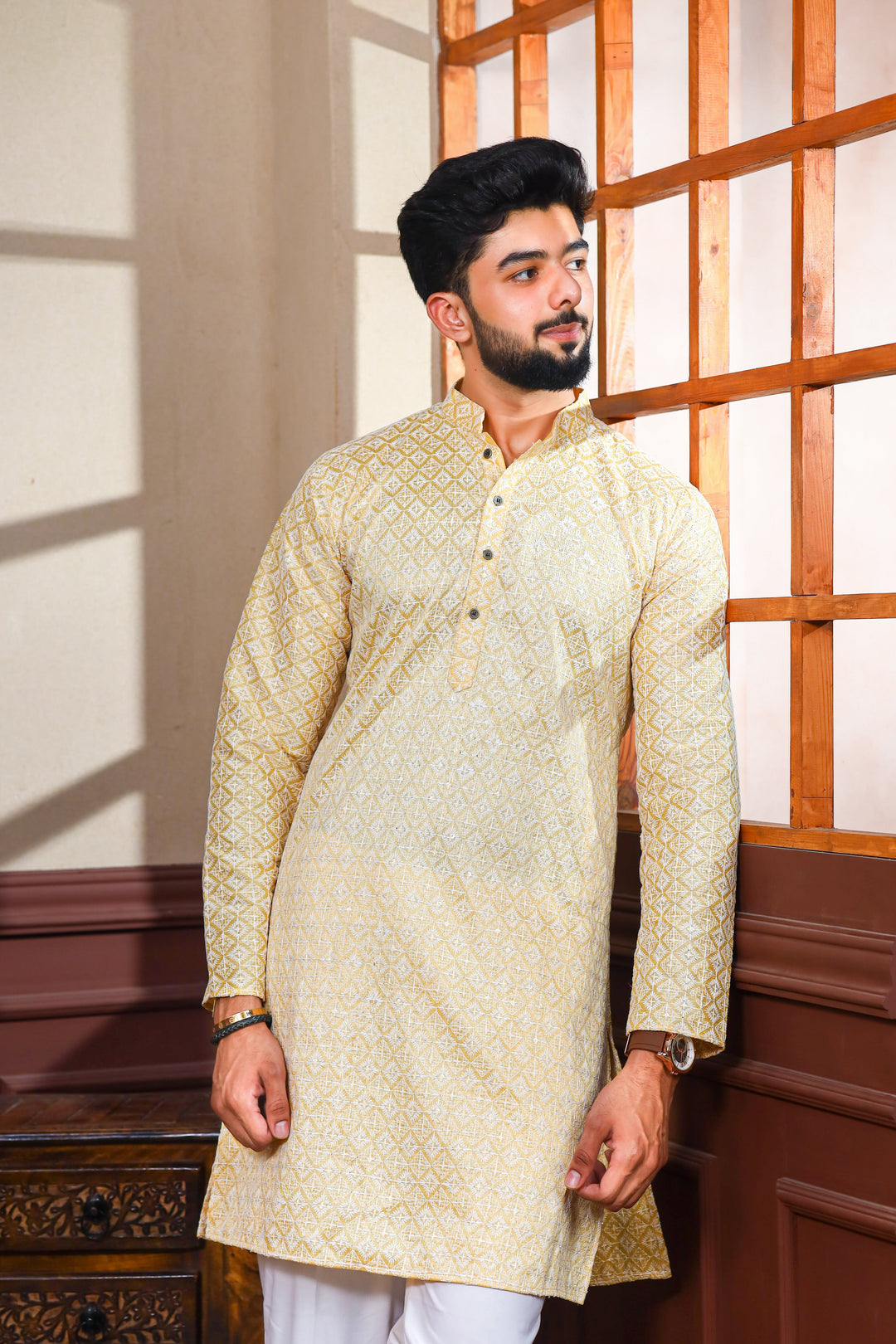 Khadi Silk Kurta With Art Silk Pajama | Designer Chikankari Work for Men