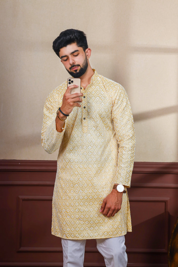 Khadi Silk Kurta With Art Silk Pajama | Designer Chikankari Work for Men