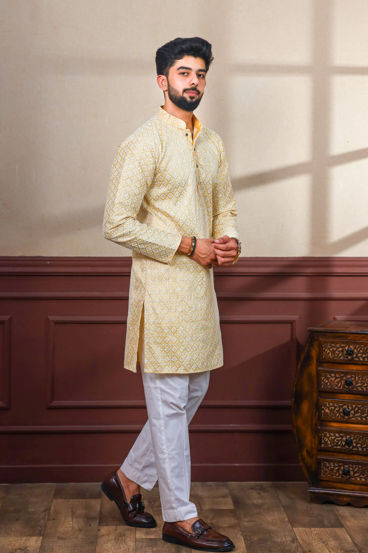 Khadi Silk Kurta With Art Silk Pajama | Designer Chikankari Work for Men