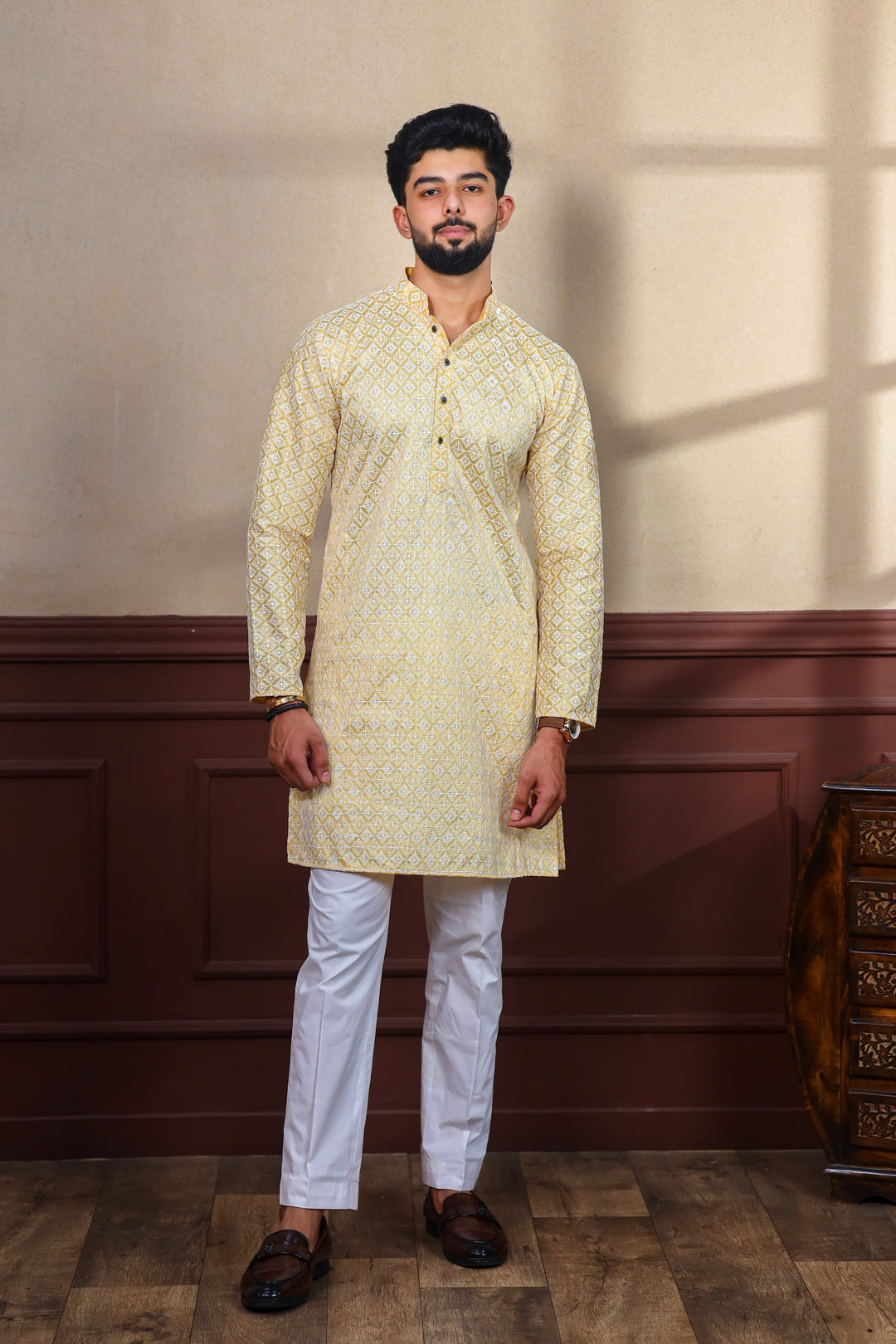 Khadi Silk Kurta With Art Silk Pajama | Designer Chikankari Work for Men