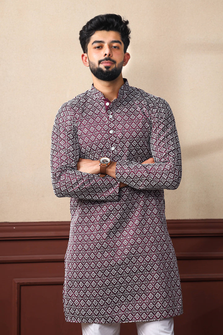 Khadi Silk Kurta With Art Silk Pajama | Designer Chikankari Work for Men