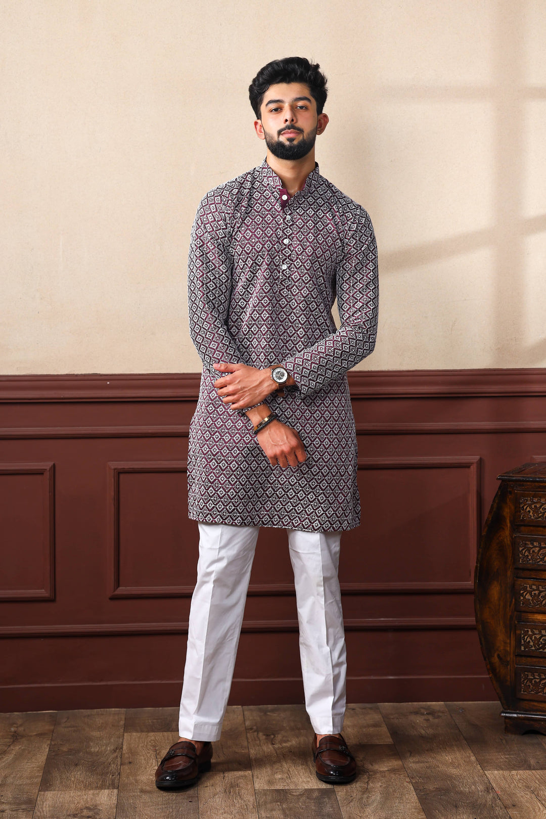 Khadi Silk Kurta With Art Silk Pajama | Designer Chikankari Work for Men