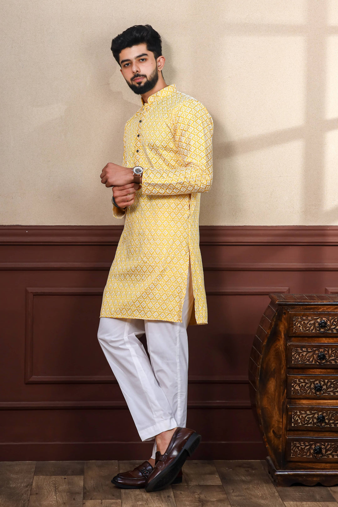 Khadi Silk Kurta With Art Silk Pajama | Designer Chikankari Work for Men