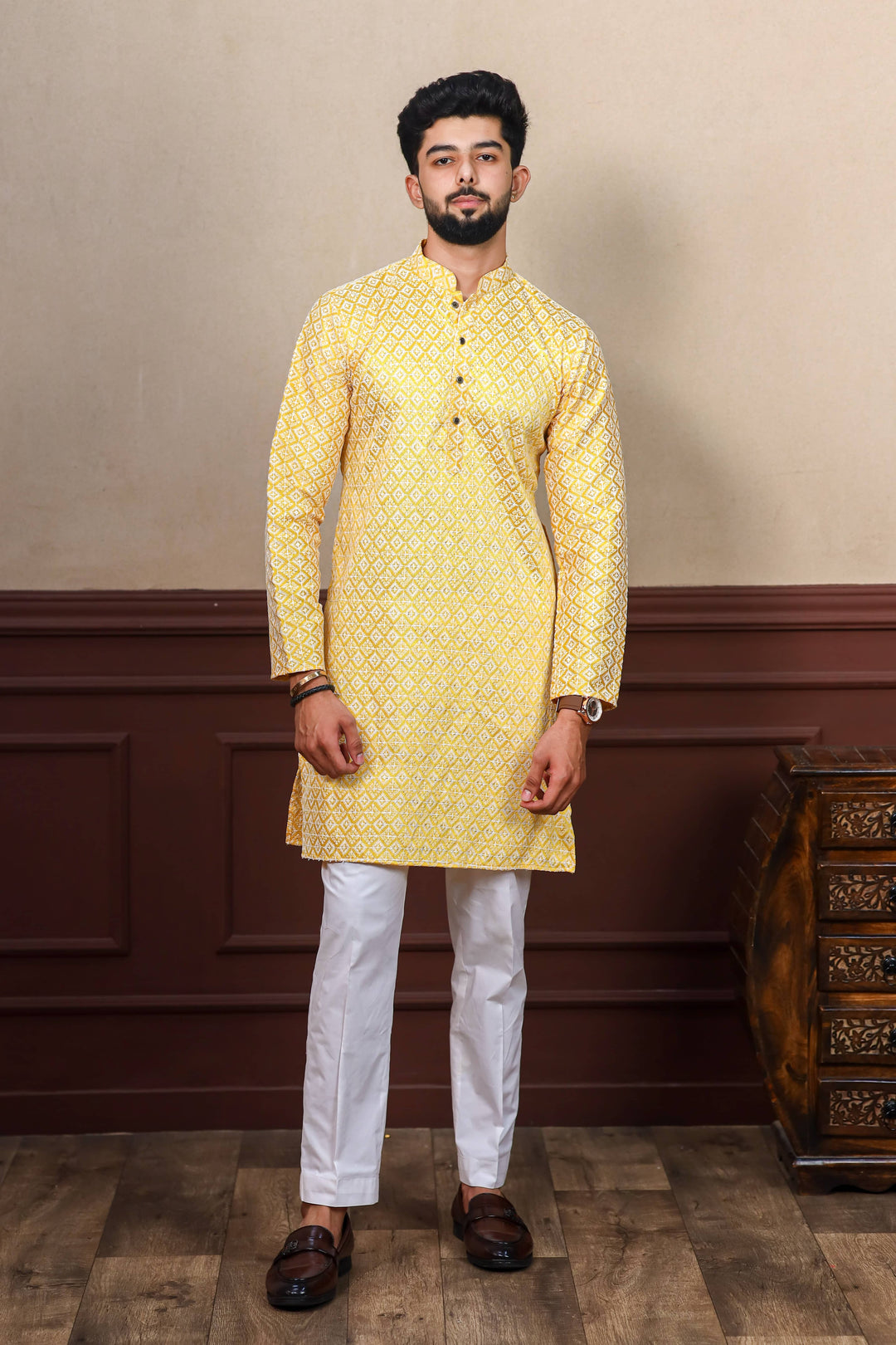 Khadi Silk Kurta With Art Silk Pajama | Designer Chikankari Work for Men