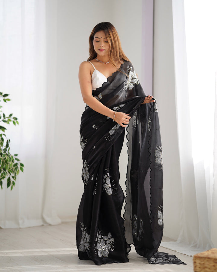 Designer Jimmy Choo Saree | Satin Silk Blouse | Sequined Embroidery Work