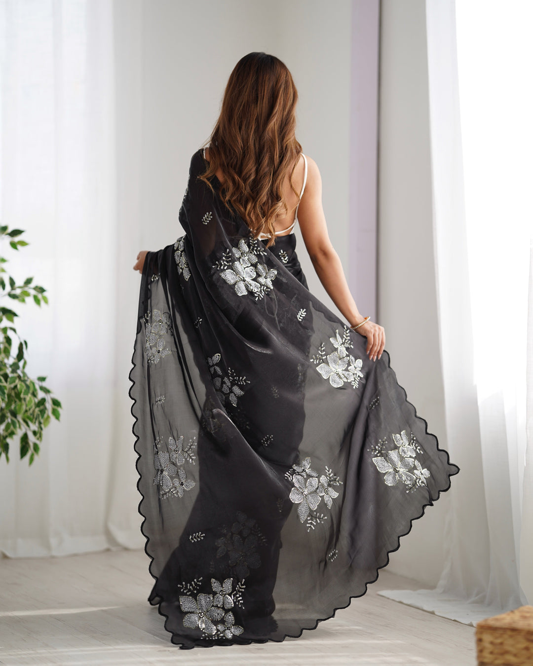 Designer Jimmy Choo Saree | Satin Silk Blouse | Sequined Embroidery Work