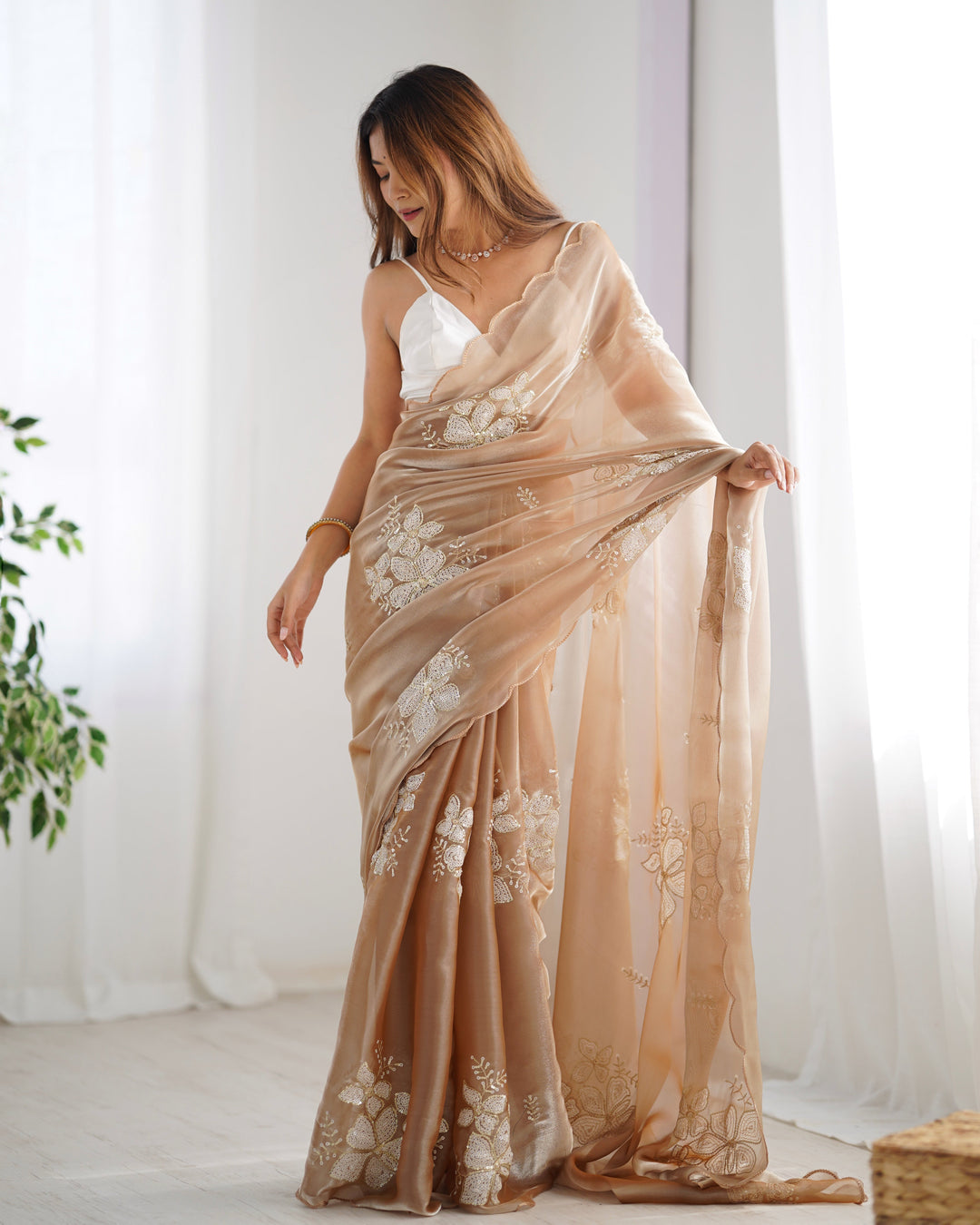 Designer Jimmy Choo Saree | Satin Silk Blouse | Sequined Embroidery Work