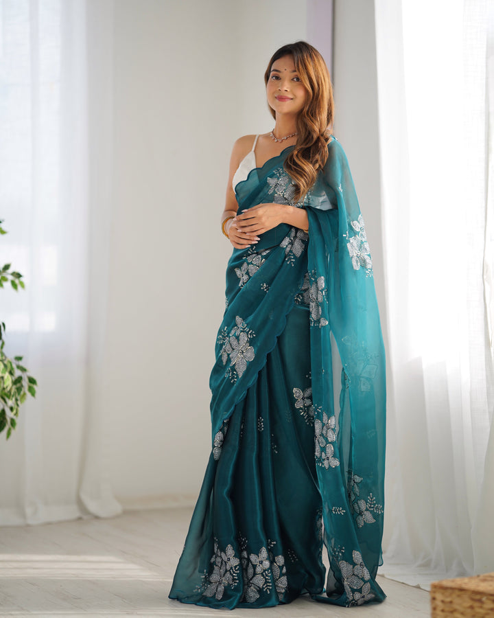 Designer Jimmy Choo Saree | Satin Silk Blouse | Sequined Embroidery Work