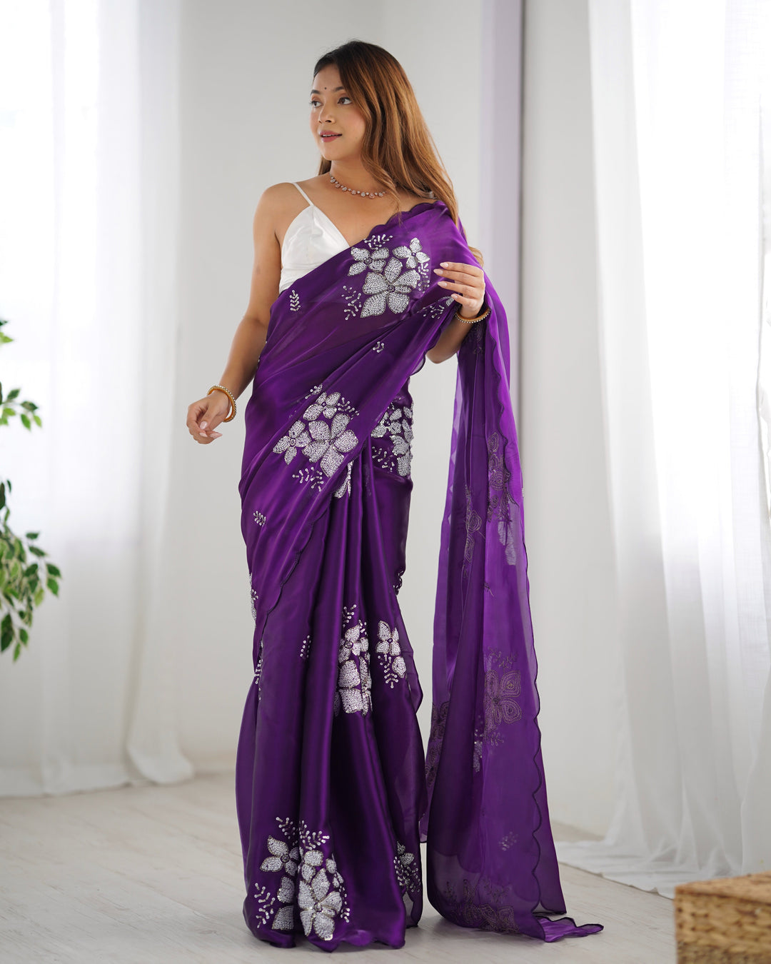 Designer Jimmy Choo Saree | Satin Silk Blouse | Sequined Embroidery Work