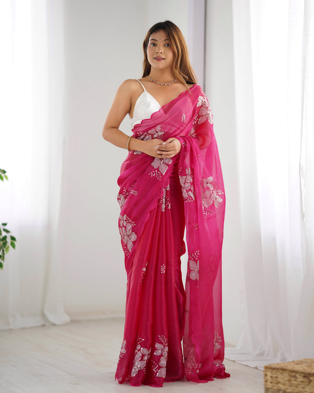 Designer Jimmy Choo Saree | Satin Silk Blouse | Sequined Embroidery Work