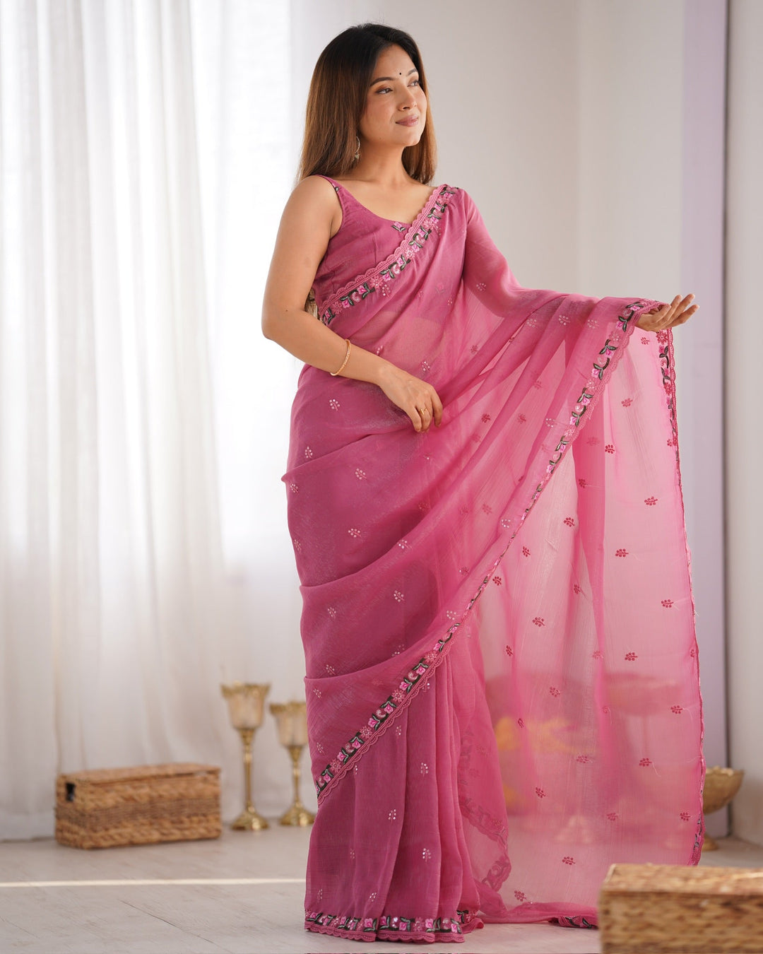 Elegant Pixel-Silk Saree with Thread & Sequin Embroidery | Perfect for Weddings & Special Events