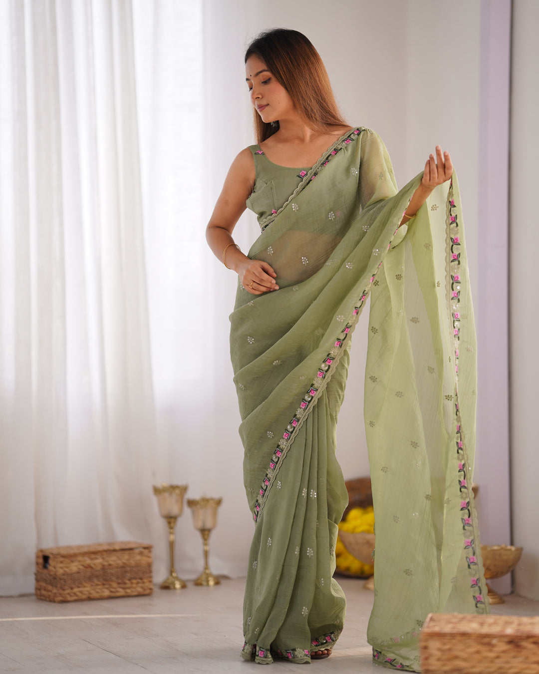 Elegant Pixel-Silk Saree with Thread & Sequin Embroidery | Perfect for Weddings & Special Events