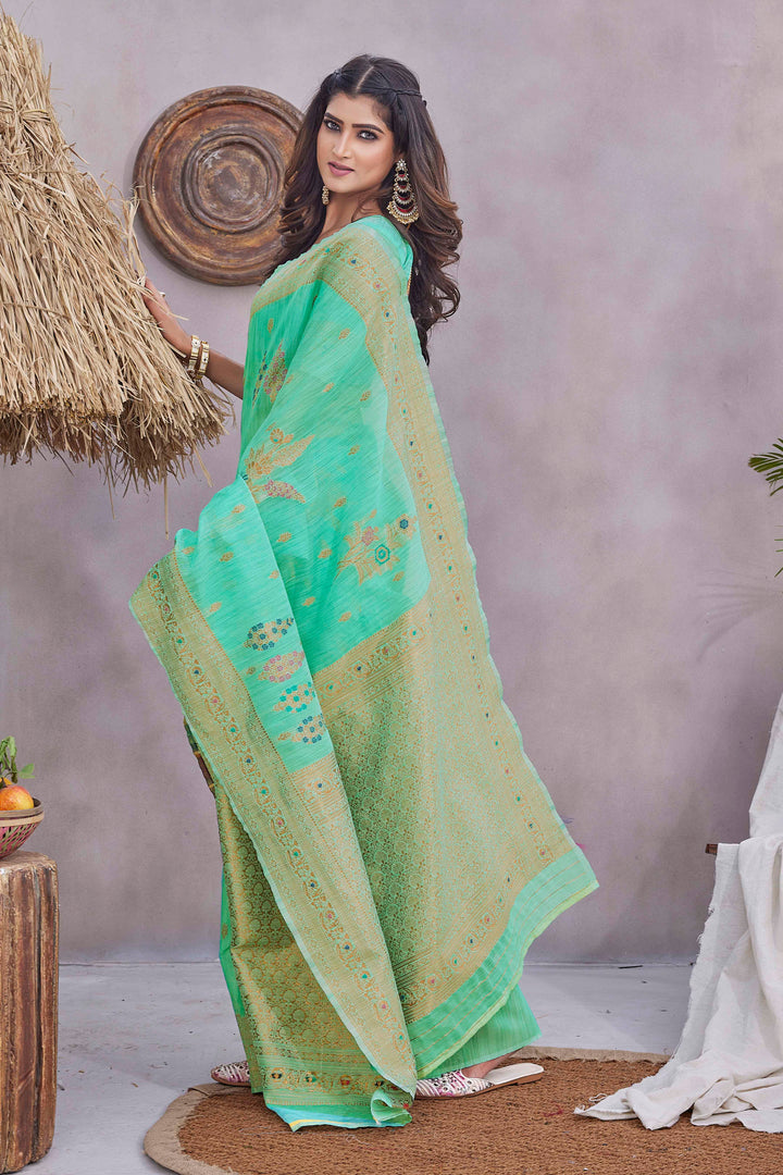 Linen Saree with Woven Jacquard Design | Perfect for Special Events & Weddings