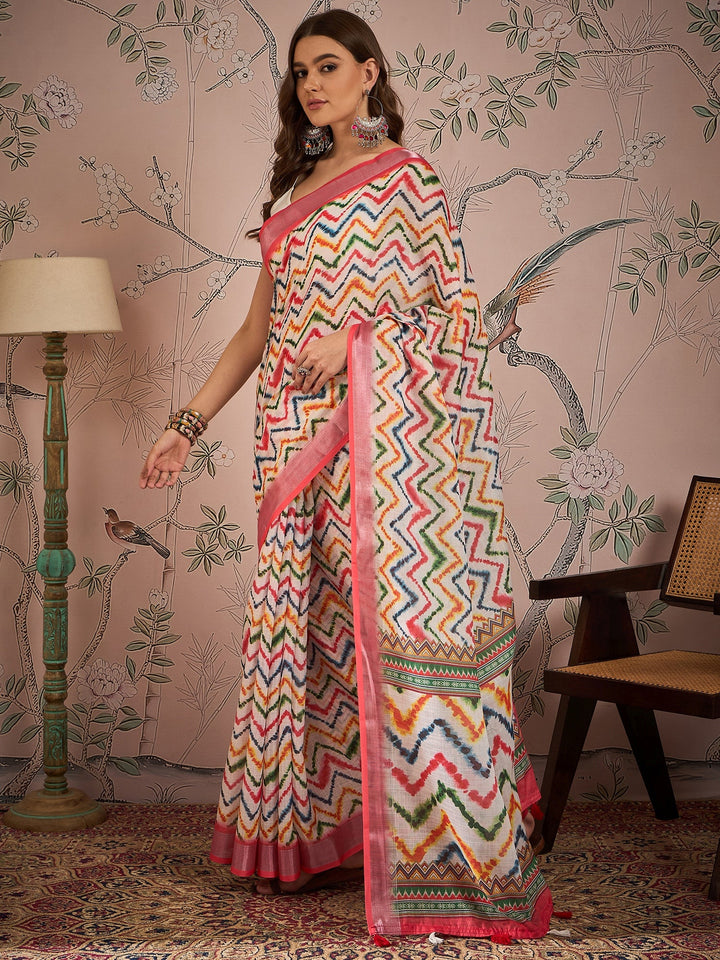 Designer Digital-Printed Linen-Blend Saree | Perfect for Special Events & Weddings