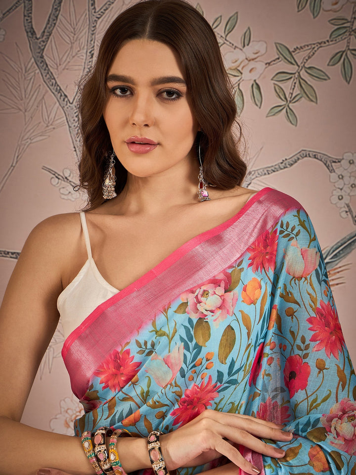 Designer Digital Printed Linen-Blend Saree | Special Event & Wedding Wear