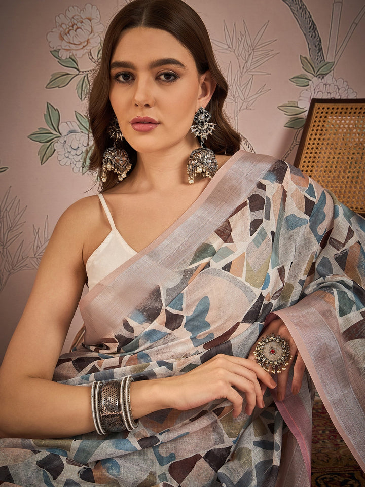 Designer Linen-Blend Saree | Digital Printed for Special Events & Weddings