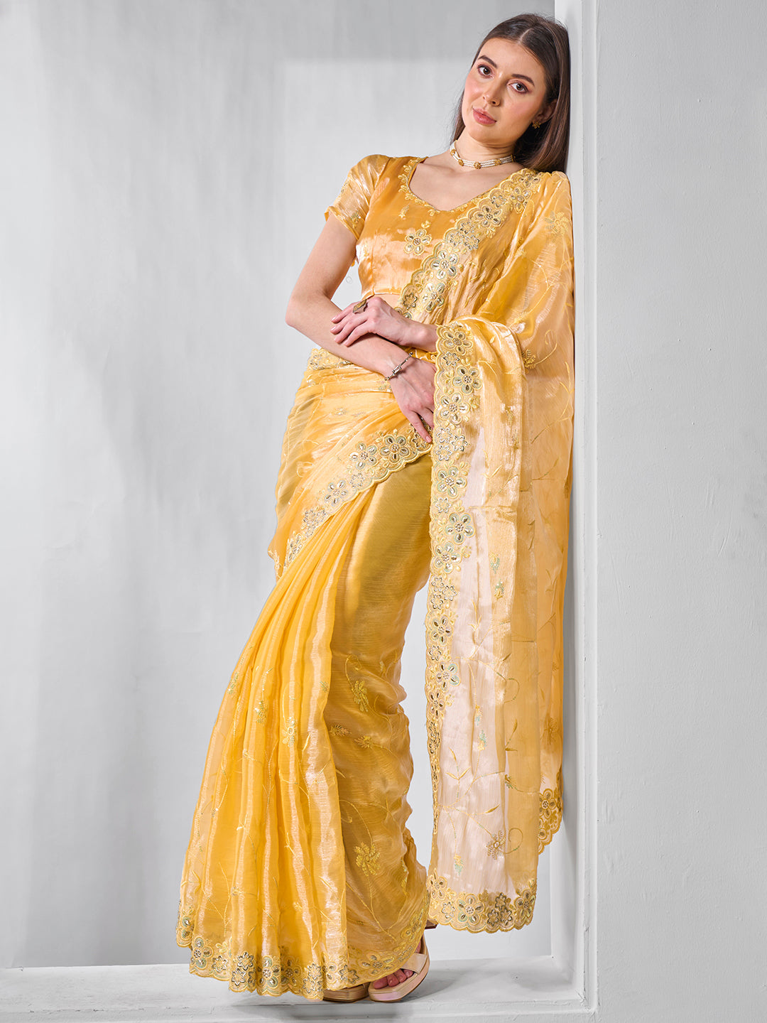 Designer Embroidered Burburry Saree with Art-Silk Blouse | Special Event Elegance