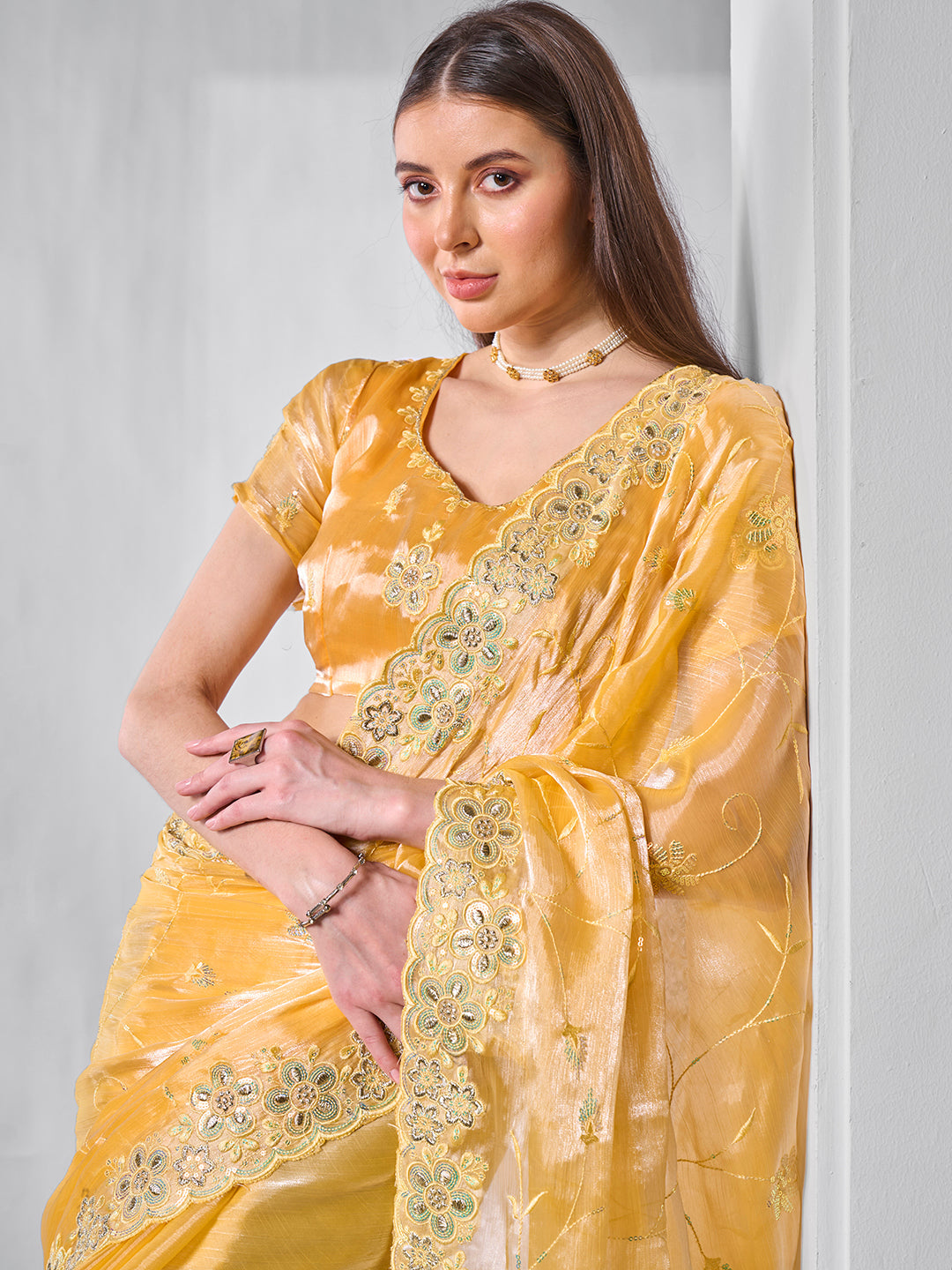 Designer Embroidered Burburry Saree with Art-Silk Blouse | Special Event Elegance