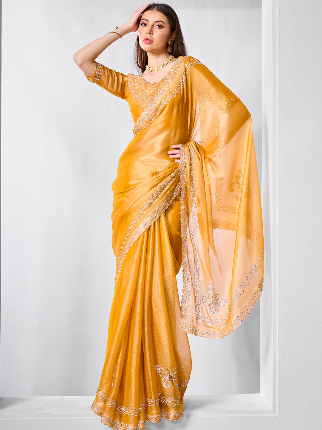 Swarovski-Designer Work Burburry Saree | Art-Silk Blouse for Weddings & Events