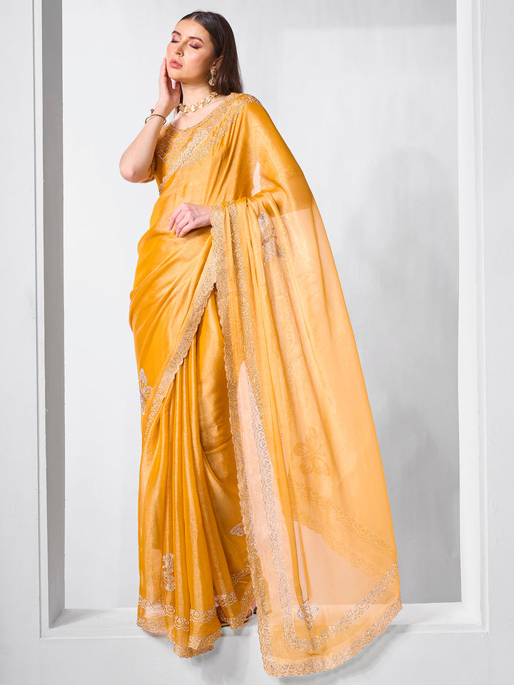 Swarovski-Designer Work Burburry Saree | Art-Silk Blouse for Weddings & Events