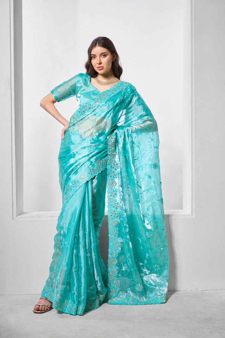 Designer Embroidered Burburry Saree | Art-Silk Blouse for Special Events