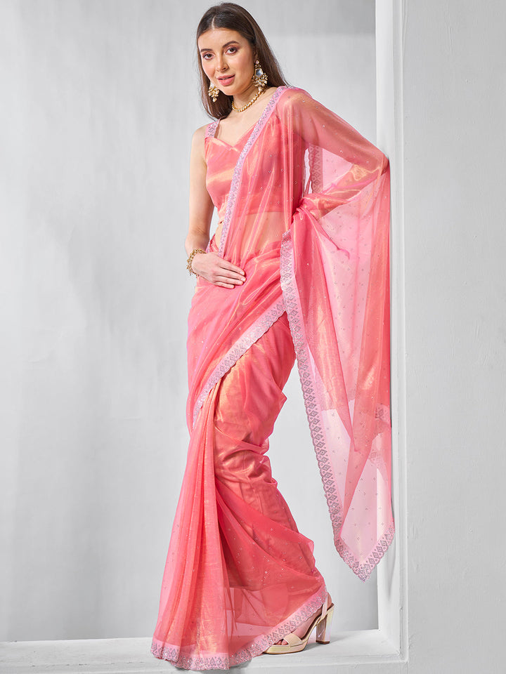 Gold Tissue Net Saree with Art Silk Blouse | Solid Gold-Cotted Elegance