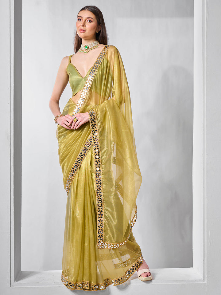 Golden Tissue Net Saree | Art Silk Blouse | Solid Gold-Cotted | Wedding & Festive