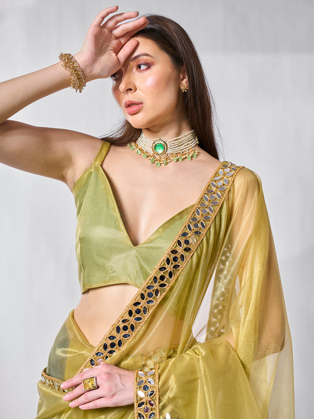 Golden Tissue Net Saree | Art Silk Blouse | Solid Gold-Cotted | Wedding & Festive