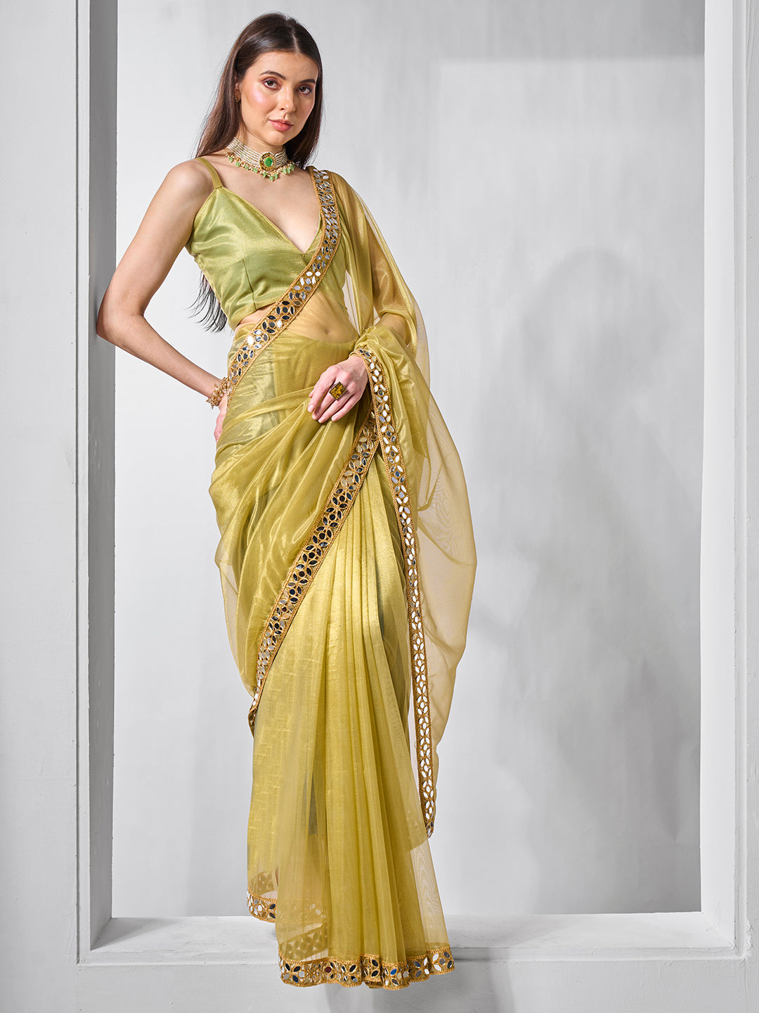 Golden Tissue Net Saree | Art Silk Blouse | Solid Gold-Cotted | Wedding & Festive