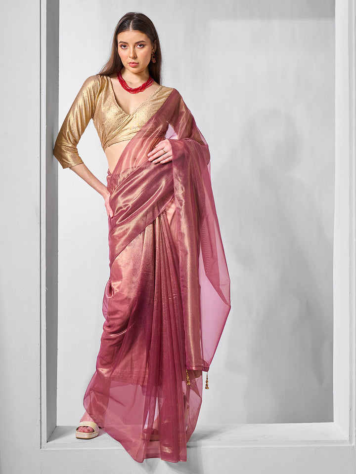 Elegant Gold Tissue Net Saree | Solid Artistic Blouse for Special Events