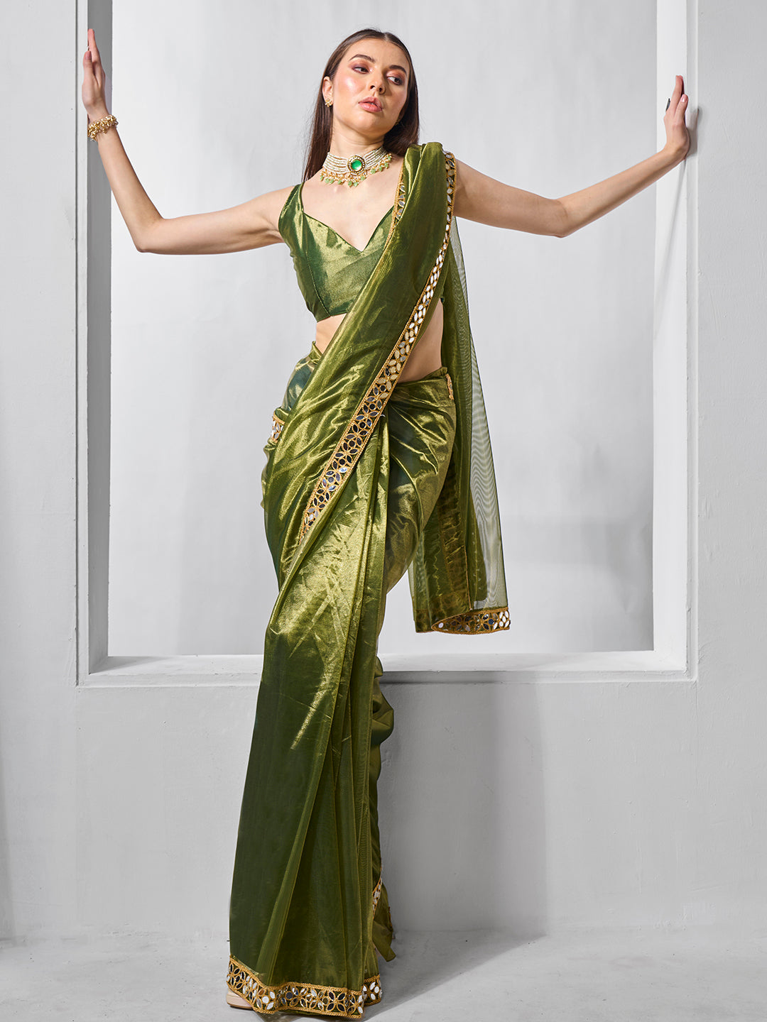 Golden Tissue Net Saree | Art Silk Blouse | Solid Gold-Cotted | Wedding & Festive