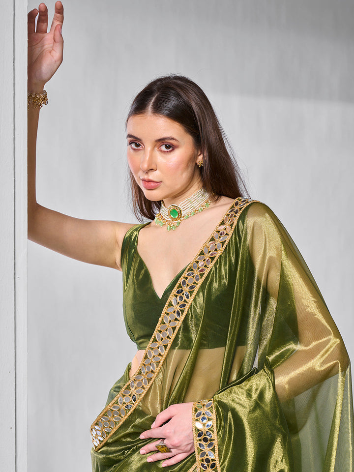 Golden Tissue Net Saree | Art Silk Blouse | Solid Gold-Cotted | Wedding & Festive