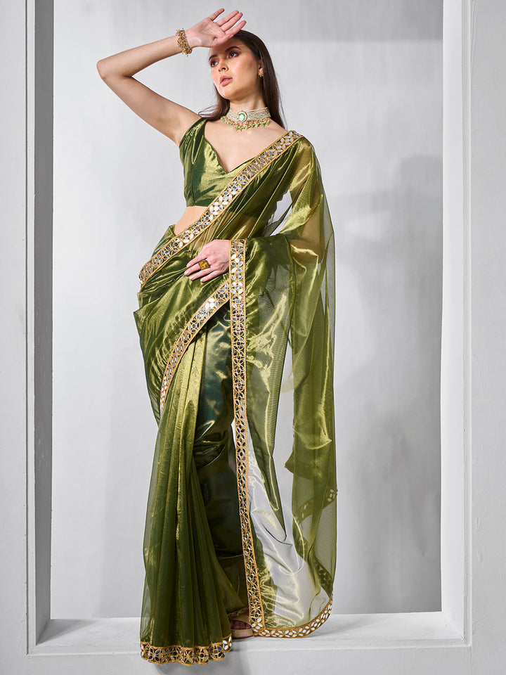 Golden Tissue Net Saree | Art Silk Blouse | Solid Gold-Cotted | Wedding & Festive