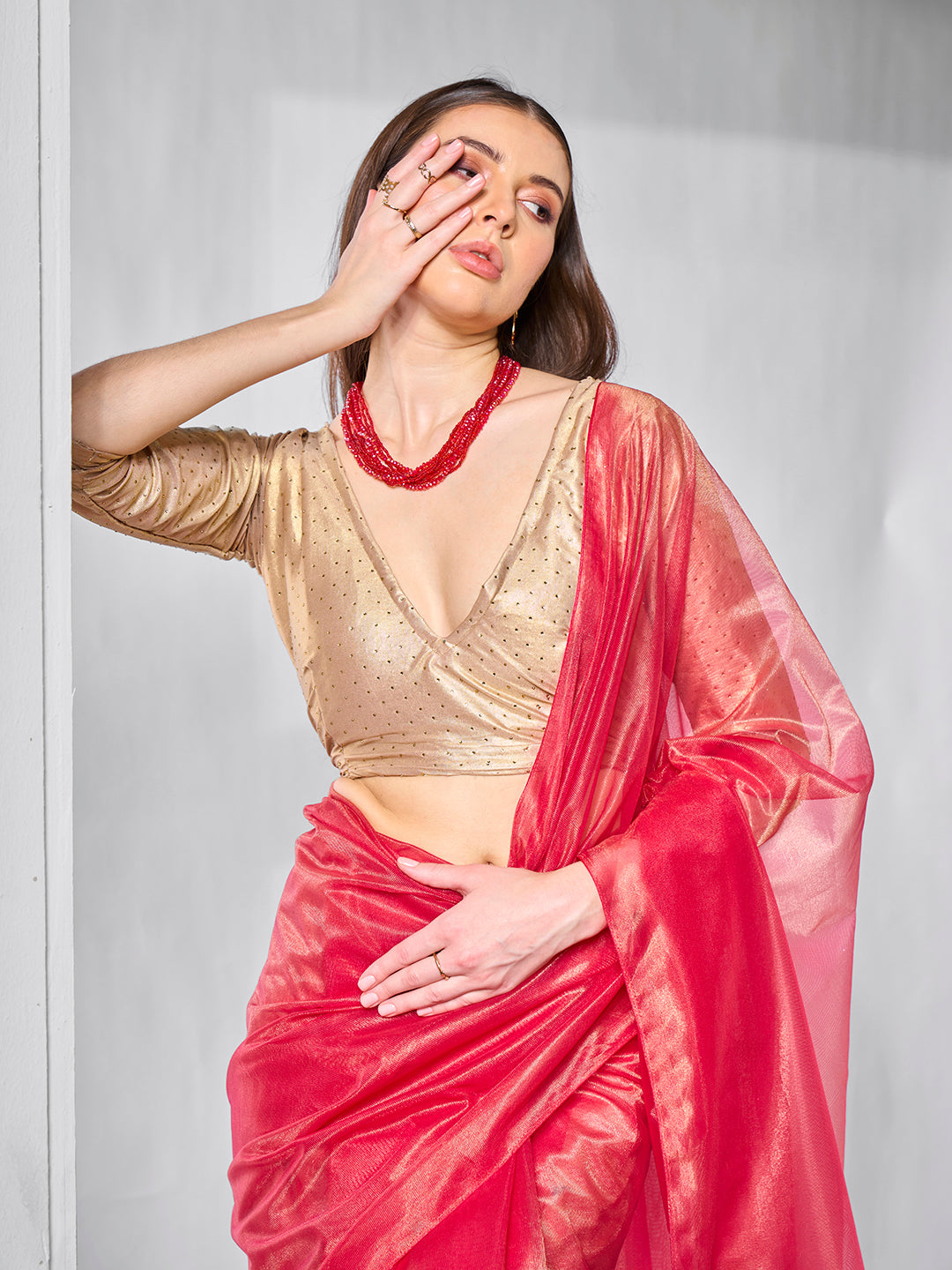 Elegant Gold Tissue Net Saree | Solid Artistic Blouse for Special Events