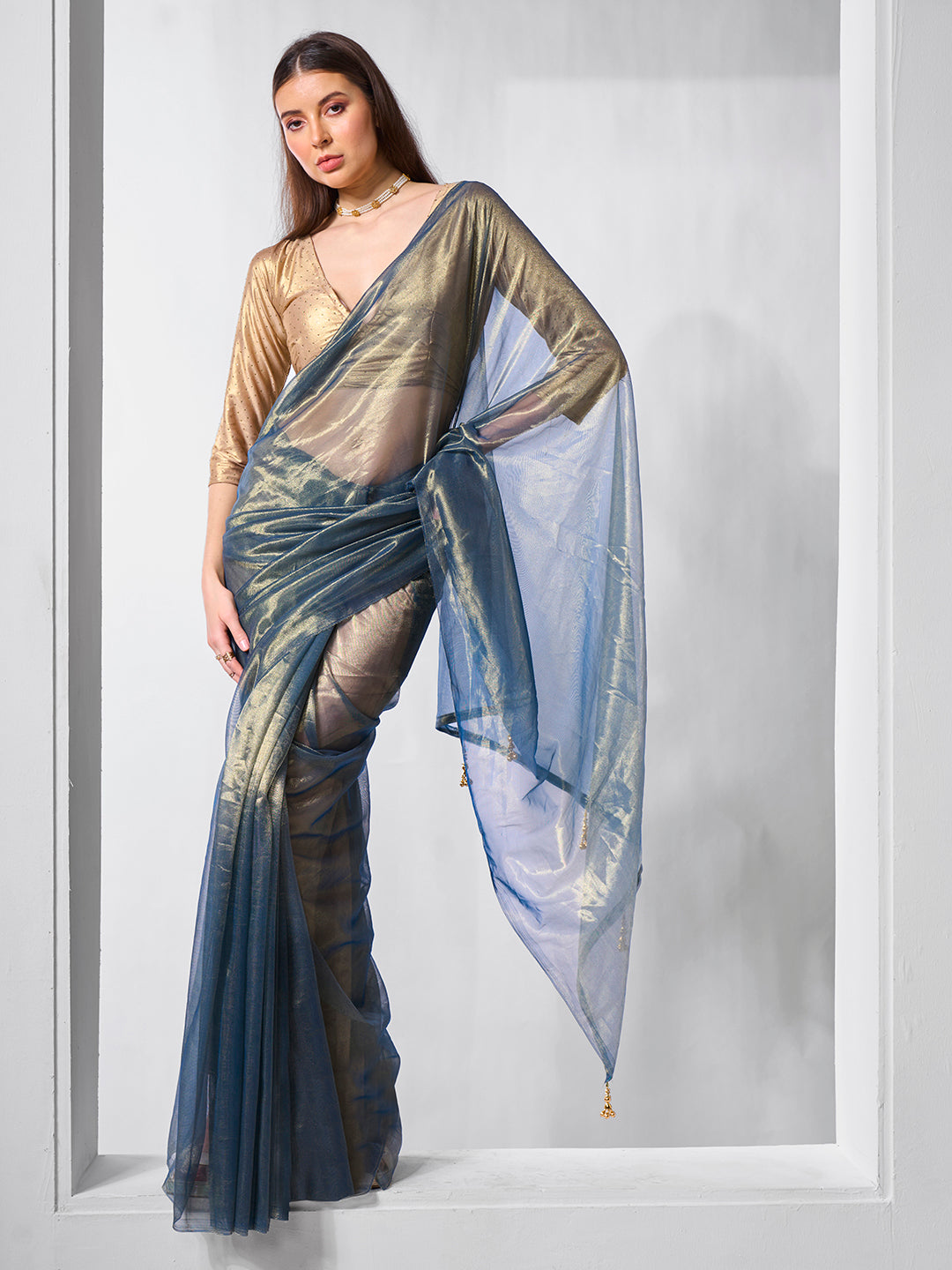 Elegant Gold Tissue Net Saree | Solid Artistic Blouse for Special Events