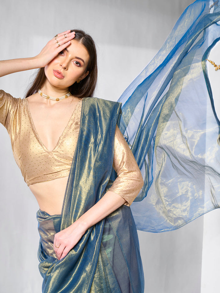 Elegant Gold Tissue Net Saree | Solid Artistic Blouse for Special Events