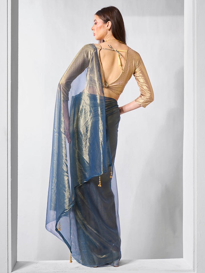 Elegant Gold Tissue Net Saree | Solid Artistic Blouse for Special Events