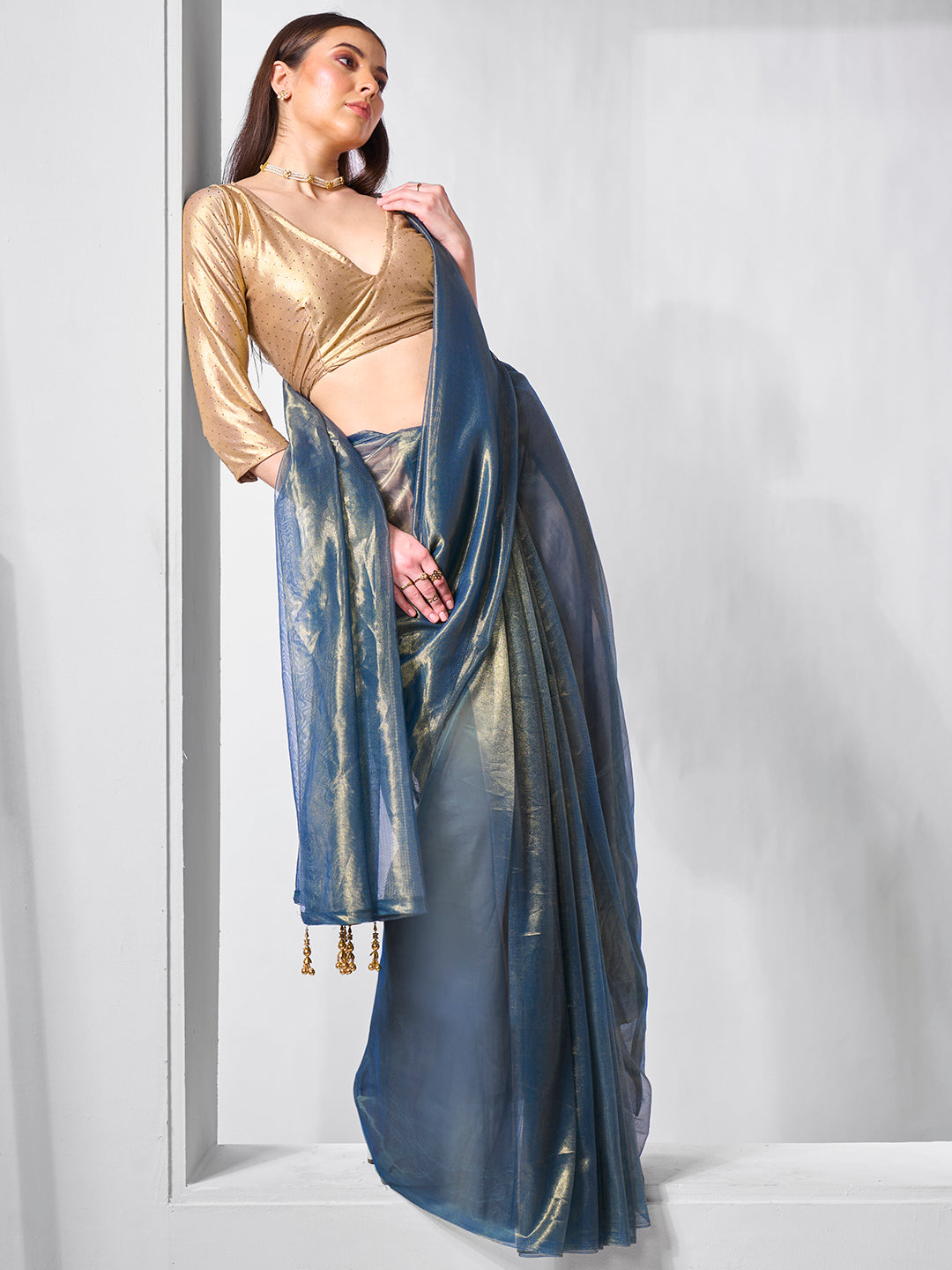 Elegant Gold Tissue Net Saree | Solid Artistic Blouse for Special Events