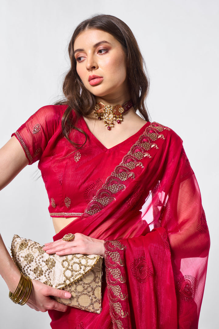 Designer Embroidered Shimmer Chiffon Saree | Art Silk Blouse for Special Events