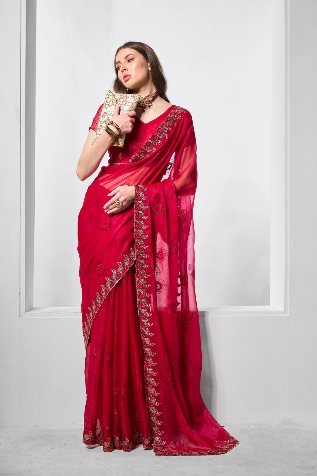 Designer Embroidered Shimmer Chiffon Saree | Art Silk Blouse for Special Events