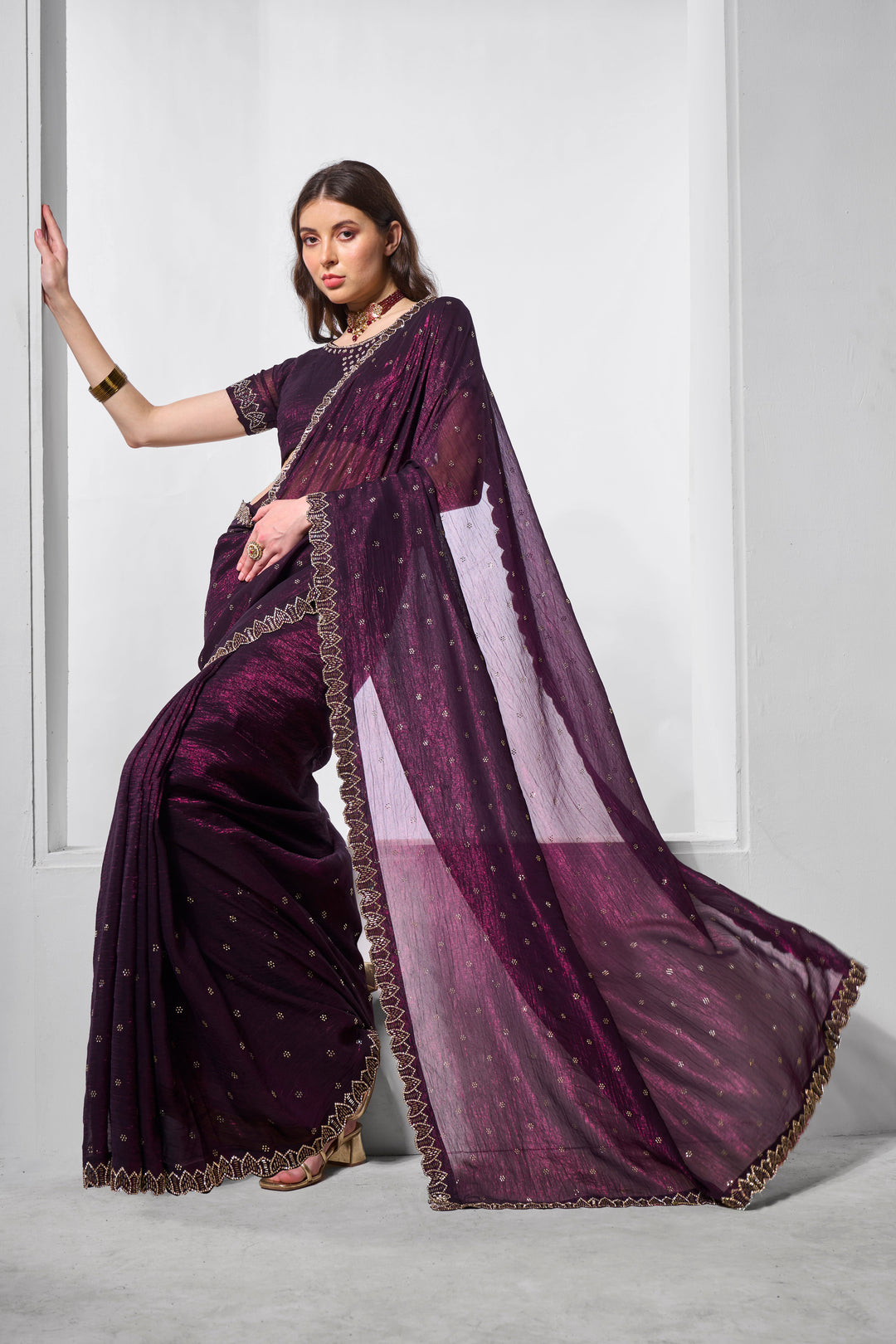 Designer Embroidered Crunchy Chiffon Saree | Art Silk Blouse for Events