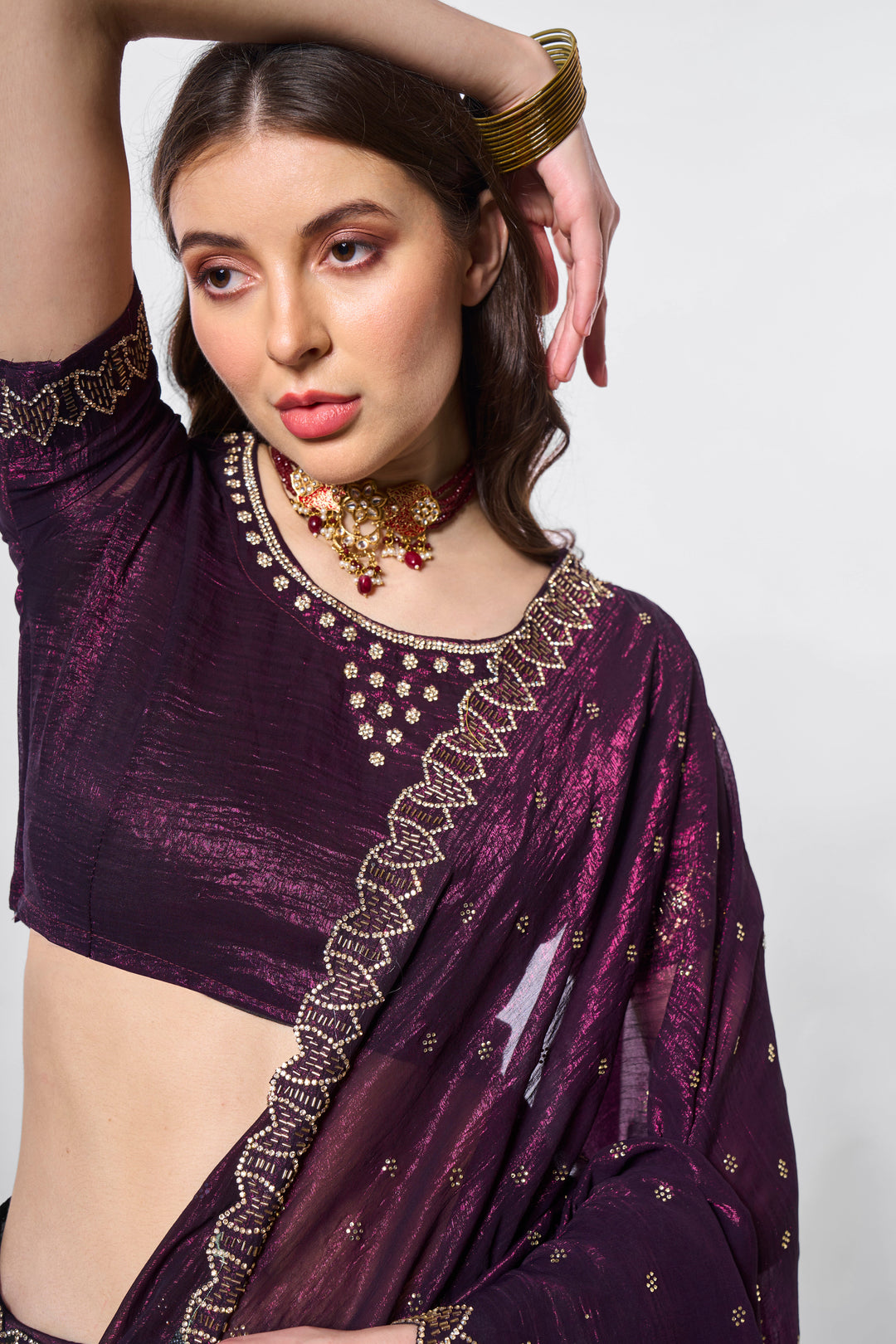 Designer Embroidered Crunchy Chiffon Saree | Art Silk Blouse for Events